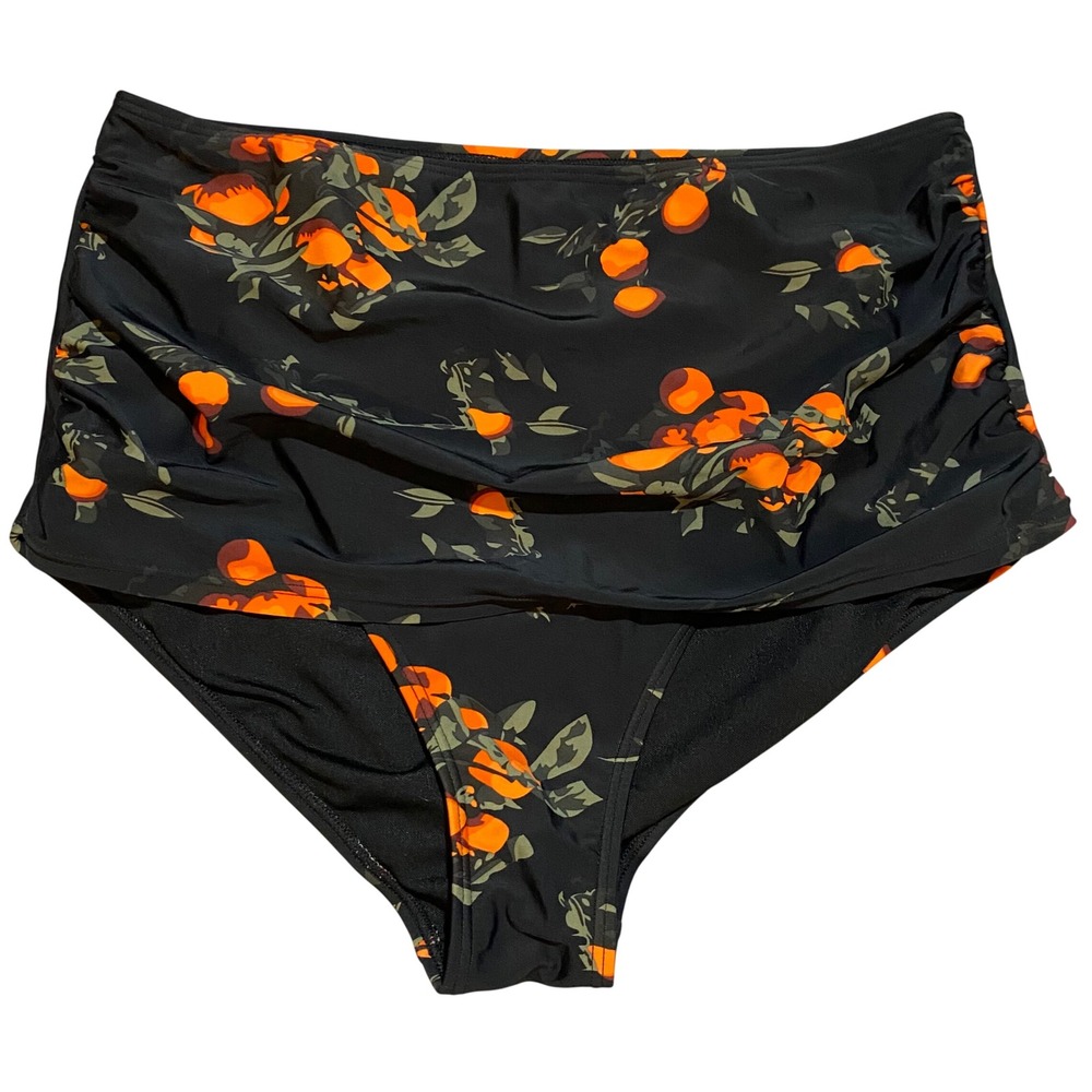 Cocoship Womens High Waisted Ruched Bikini Bottoms Orange Fruit Print Black 14